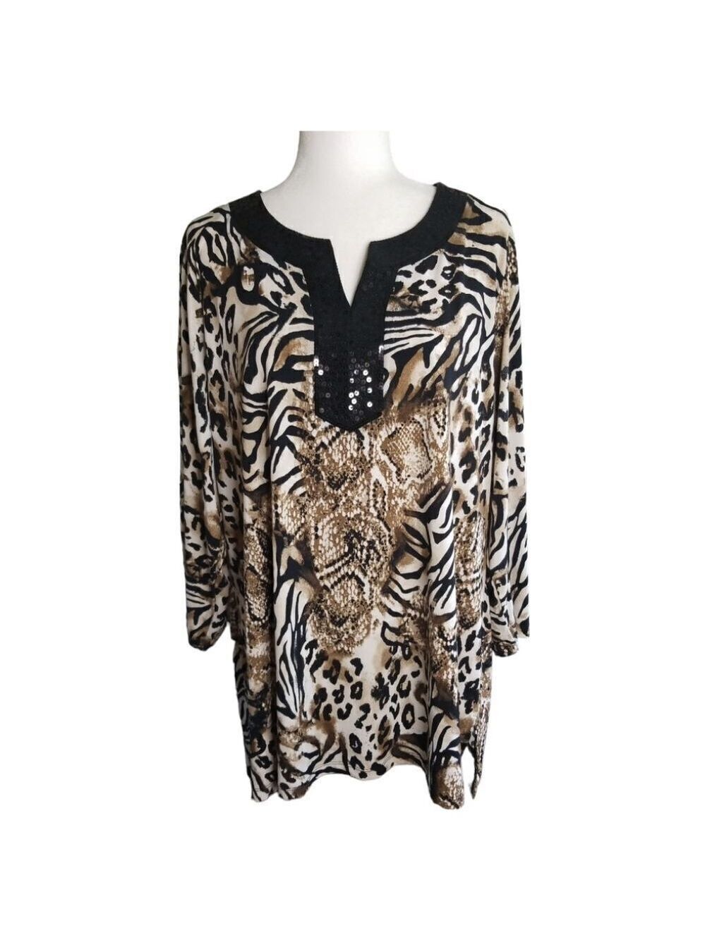 JM Collection Tunic Black Embellished Neckline Animal Print Size 2X.